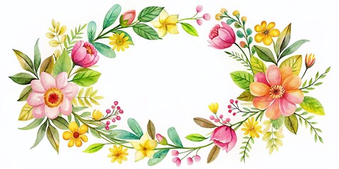 Obraz premium Hand-Drawn Floral Wreath: Pink, Yellow & Green Flower Crown, Twigs & Leaves Panoramic