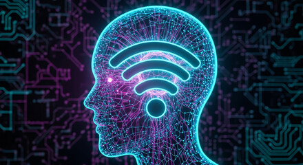 Glowing wireframe human head profile with an illuminated WiFi signal symbol inside a digital brain