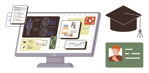 Computer screen displaying medical records, analyses, and research data, alongside a graduation cap and ID card. Ideal for healthcare, e-learning, identity, research, education technology data