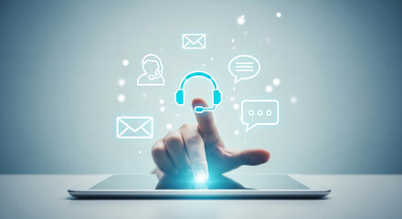 Hand presses a glowing headset icon on a digital tablet for immediate customer service interaction