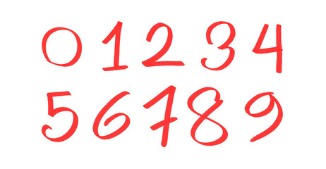 Set of red and white numbers, Set of 0 to 9 numbers isolated on transparent background. Marker brush 0 to 9 number clipart. Vector hand drawn numbers set.