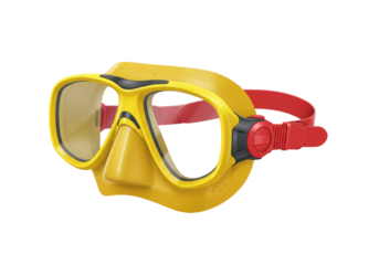 Yellow diving mask PNG isolated on transparent background, snorkeling gear for underwater swimming and recreational water sports