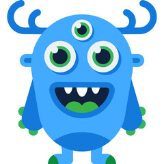 A Friendly Blue Three Eyed Cartoon Monster With Antlers And A Wide Grin Against A White Background