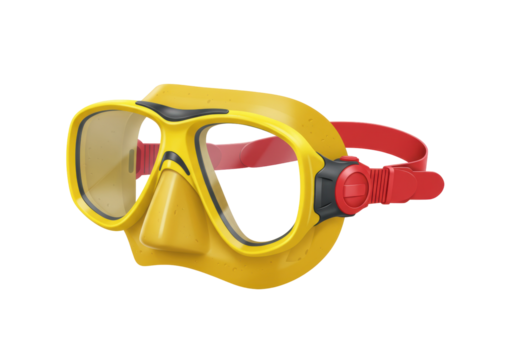 Yellow diving mask PNG isolated on transparent background, snorkeling gear for underwater swimming and recreational water sports