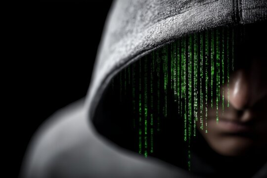 Close-up of a mysterious hacker in a hoodie partially hidden in shadow with green digital code flowing like a matrix, concept of cybercrime and digital anonymity