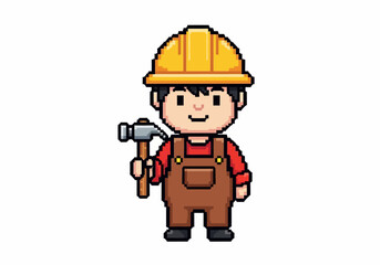 Pixel Art Construction Worker with Hammer and Hard Hat.