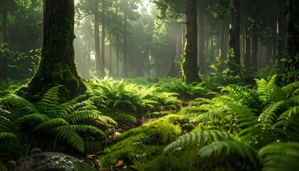Fototapeta premium Enchanted Forest Floor: Ferns, Moss, and Sunlight in a Lush Green Woodland