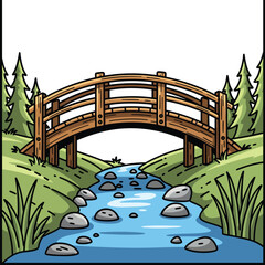 A charming arched wooden footbridge with sturdy railings spanning a rocky stream between two grassy green banks. © Alisya Design