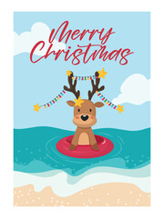 Christmas Reindeer on Tube at Beach, Vector Illustration.