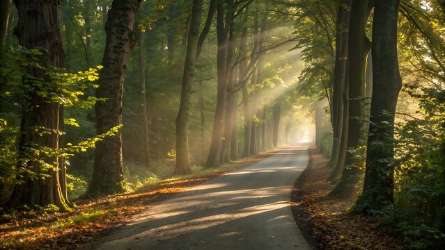 Sunbeams stream through the canopy of a dense forest, illuminating a paved road lined with tall trees and fallen leaves on a misty morning