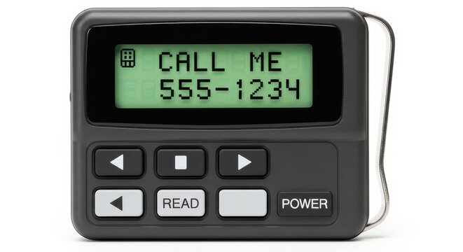 Vintage digital pager displaying "call me" and phone number