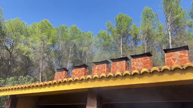 A row of chimneys are on a yellow roof