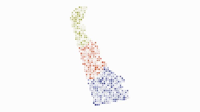 Delaware animated shape. Pulsating colored dots on the map of the state. Small size square blocks. Digital style Delaware map on white background. Trending animation video.