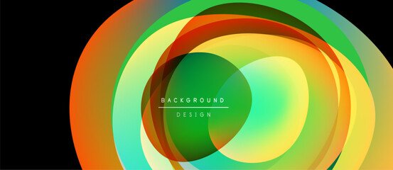 Fototapeta premium Abstract layers create vibrant circular design. Orange, green, yellow hues blend, forming dynamic visual effect. Text reads background design.