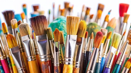Fototapeta premium High-Quality Photo of Paint Brushes and Painting Tools Set on White Background, Perfect for Artists and Designers
