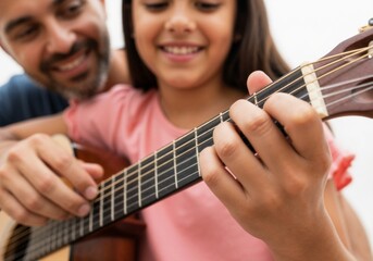 Fototapeta premium A girl learning guitar from her father.