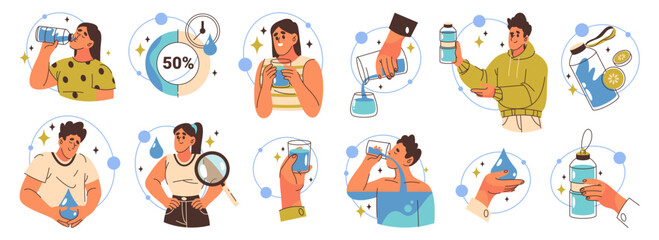 Fototapeta premium Set of water daily routine and drinking icons. Vector fluid consumption and drink infographic elements. Hydration and healthcare, drink balance and nutrition habit, healthy lifestyle sign. H2O liquid.