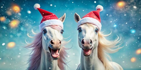 Hilarious Santa Hat Unicorns: Festive Christmas Stock Photo