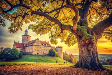 Historic Gerichtslinde Tree at Schaumburg Castle, Vintage Photography