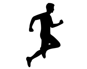 silhouette of young man running, jumping man symbol isolated on white background	