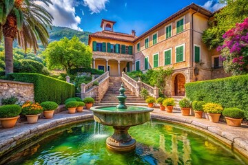 Historic Surtidor Fountain at Sa Granja Museum House, Esporlas, Mallorca, Spain