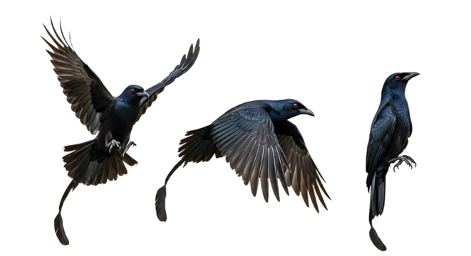 Collection of a black grackle bird in three different poses isolated on white.