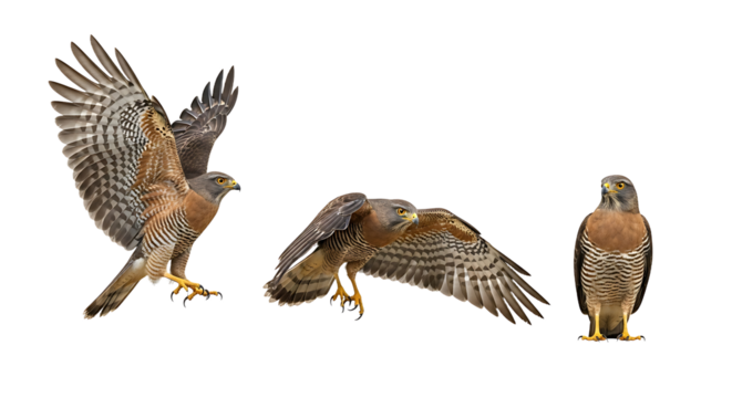 Collection of a majestic hawk in three different poses isolated on a white background.
