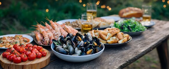 A vibrant outdoor feast displaying a diverse selection of fresh ocean delicacies