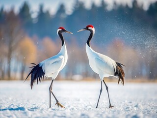 Hokkaido Snow Cranes Mating Call -  Japanese Red-crowned Cranes in Winter
