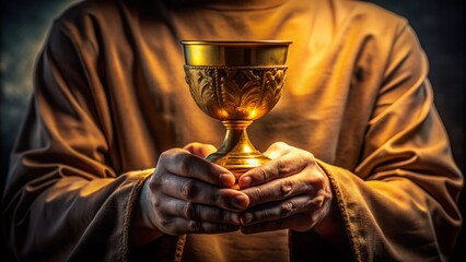 Holy Communion: Hands Holding Golden Chalice in Low Light