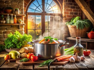 Homemade Chicken Stock Simmering with Colorful Vegetables - Rustic Kitchen Setting