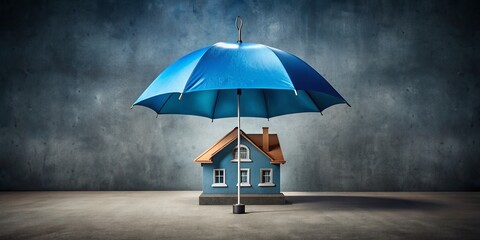 Home Insurance Protection: House Safely Under a Blue Umbrella - Aerial View