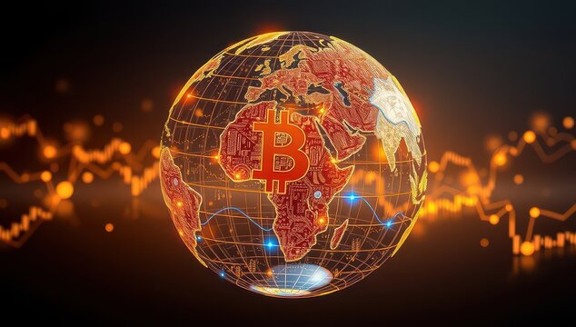 Global bitcoin network with glowing continents and financial market data overlay
