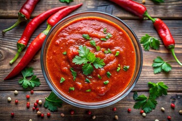 Homemade Spicy Red Enchilada Sauce, Cilantro Garnish, Top View Panoramic
