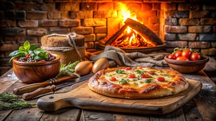 Homemade Pizza & Bread on Rustic Cutting Board, Stone Background
