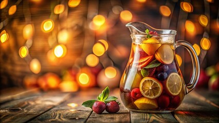 Homemade Wine Pitcher with Floating Fruit - Bokeh Background Stock Photo