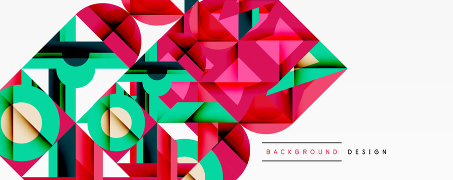 Abstract geometric shapes, vibrant colors, modern design. Pink, teal, black elements create dynamic composition. Minimalist style.