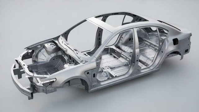 Unpainted car body frame chassis structure of a modern automobile