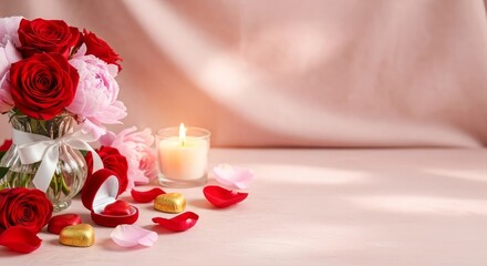 Romantic proposal setting with roses ring candle and chocolates on a soft pink background. concept Valentine's Day