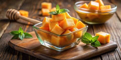 Honey-Drizzled Cantaloupe Cubes in Glass Bowl - Close-up Stock Photo