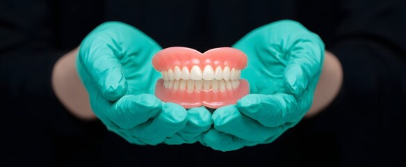 Dentist gently holds full dentures inspiring trust and hopeful smiles in teal gloves