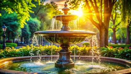 Hot Summer Day: Close-Up of City Park Fountain, Sparkling Water