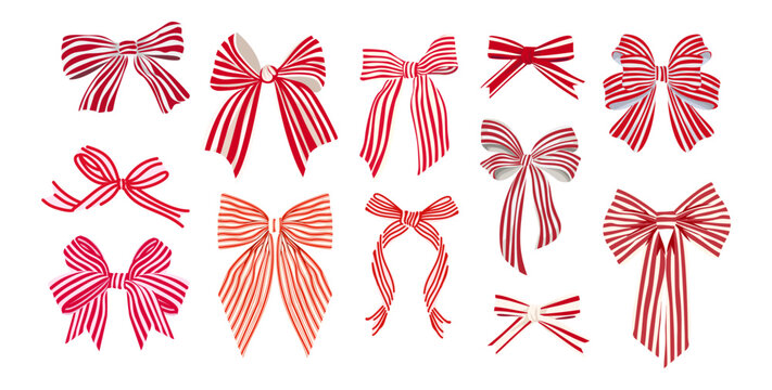Red and White Striped Ribbon Bow Set. Festive Decorative Vector Collection