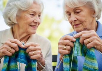 Two senior women are knitting together outside, sharing a moment of creative companionship.