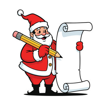 Cheerful cartoon Santa Claus holding a giant pencil and a long scrolled naughty or nice list.
