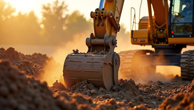 Excavator working on construction site, moving dirt and soil in daytime. Heavy machinery is an excavator performing construction work, with powerful digging operations at sunset.