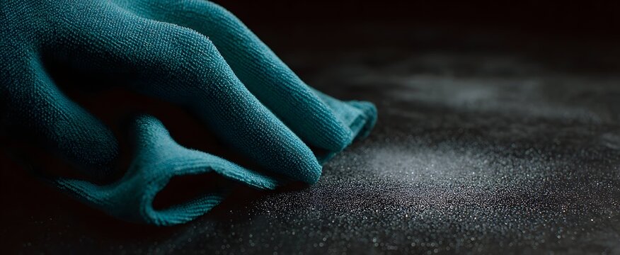 Teal cloth cleans dust off reflective charcoal surface effectively