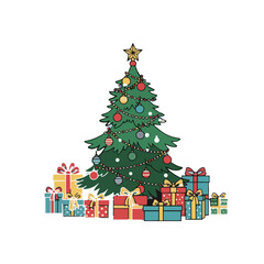 Naklejka premium Christmas Tree And Colorful Gift Boxes Vector Illustration