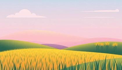Minimalist vector illustration of a rural summer landscape featuring stylized rice paddy, wheat field, or corn farm; simple hill, grass, and sky,  landscape,  tranquil