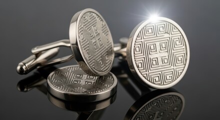 Elegant silver cufflinks with geometric patterns on reflective black surface